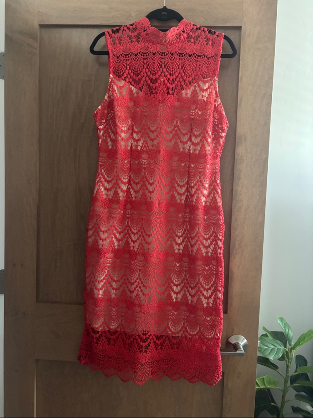 Premier Red Sleeveless Lace Midi Dress with High Neck